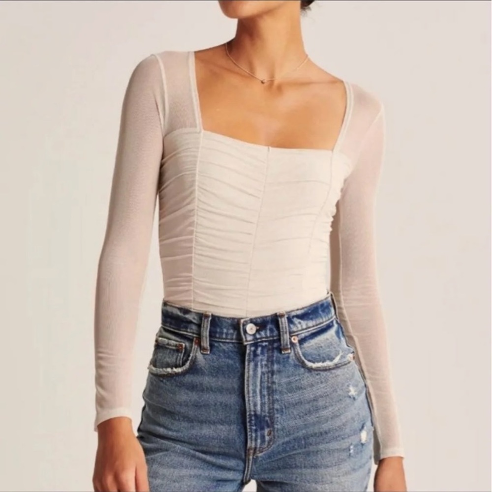 LONG-SLEEVE RUCHED MESH BODYSUIT
